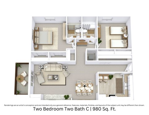 3D floor plan offering a detailed angled view of the Two Bedroom Two Bath C apartment, showing furniture layout and flow across 980 Sq. Ft.